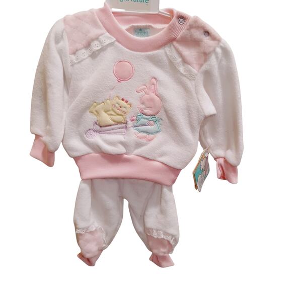 Bright Future Other - VTG Bright Future 6-9 Months Baby Pink White Bunny Cat Balloon Fleece Outfit NWT
